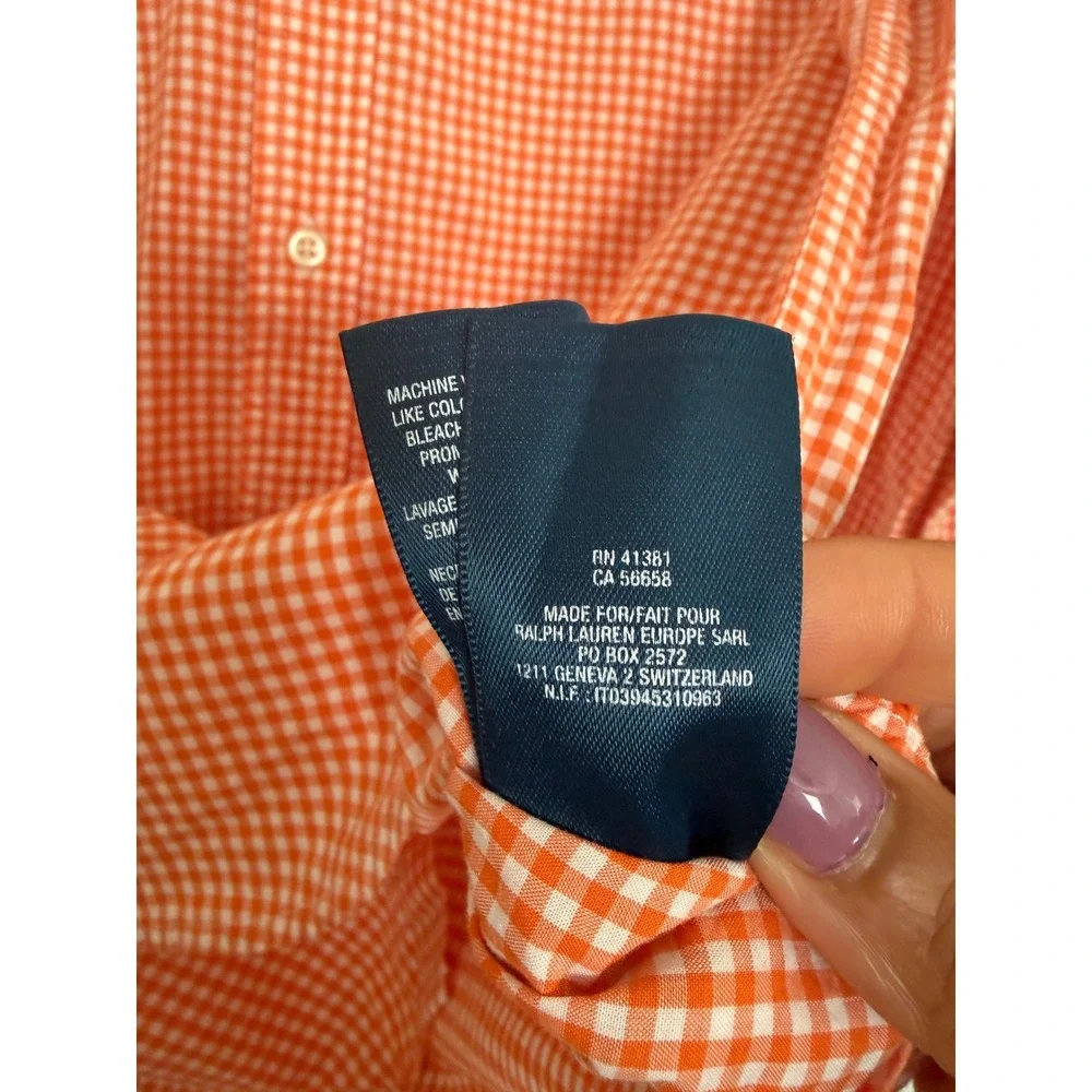 Polo Ralph Lauren Kids Orange Gingham Cotton Button Down Shirt L 14-16 Slim Fit